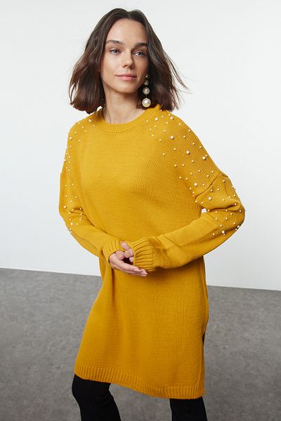 Trendyol Modest Kötött mustáros pulóver gyöngy- és kőrészlettel - TCTAW25AK00024