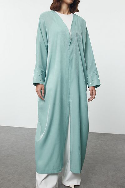Trendyol Modest Glänzendes Mintgrün, gewebt – Kappe, Ferace und Abaya mit Perlenverzierung TCTAW25KF00011
