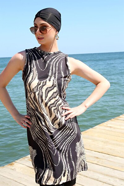 Akbeniz Μαγιό Leopard Printed Zero Sleeve - Half Hijab 33010