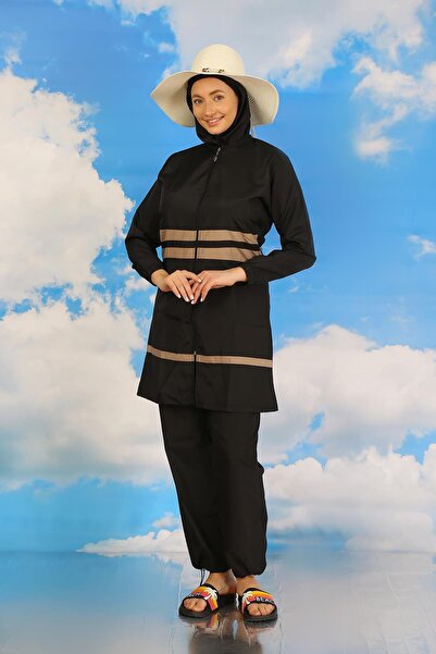 Akbeniz Μαύρο ριγέ μόδα γυναικείο ολόσωμο ολόσωμο μαγιό - 31062