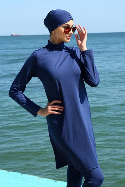 Akbeniz Μακρυμάνικο Hijab Μαγιό Navy Blue Lycra - 31055