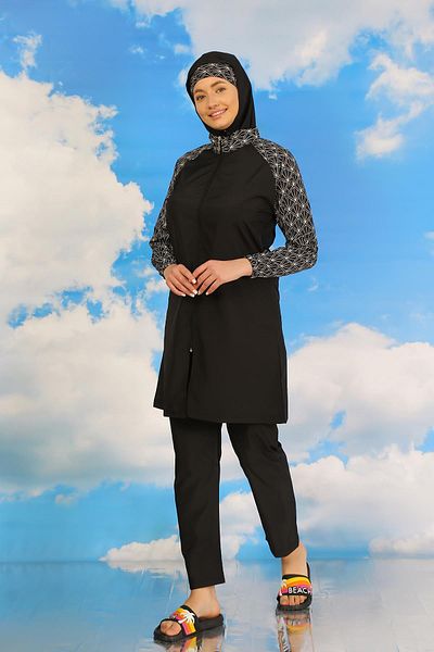 Akbeniz Ολόσωμο μαγιό Hijab - με στάμπα και παντελόνι, μαύρο 31072