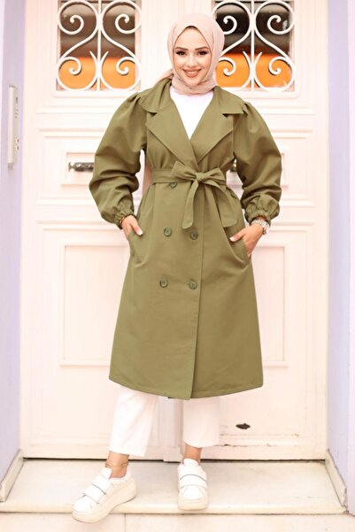 MİSSKAYLE Khaki Trench Coat 4429 - Shoulder Pleated Detail