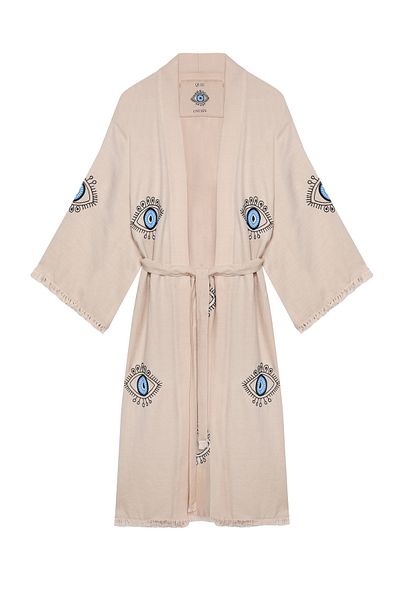 Quzu Beige Kimono - Tassel Detailed Sleeves and Eye Embroidered