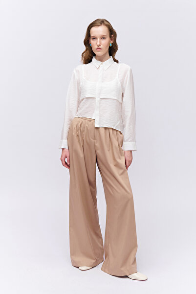 Quzu Pile Detaylı Yüksek Bel Pantolon Bej