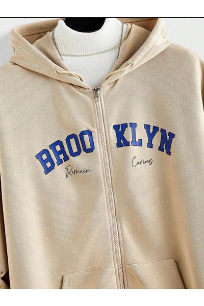 NO 601 Μπουφάν με φερμουάρ Brooklyn Printed Beige Unisex Oversize