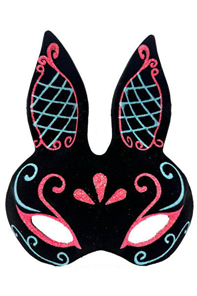 Go İthalat قناع أرنب أزرق وأحمر لامع من جلد الغزال الأسود - 18x16 سم (4130)