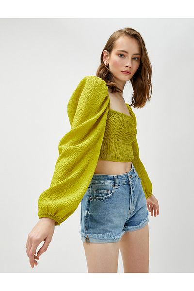 Koton Crop Μπλούζα Ελαστικό Μπαλόνι Μανίκι τετράγωνο λαιμό