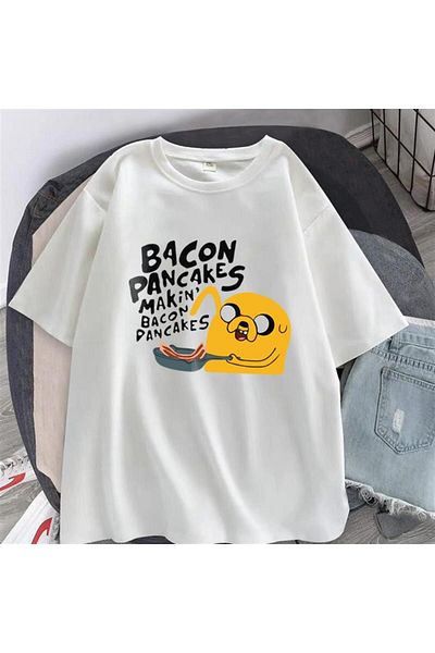 Pink Sky Bacon Pancakes Printed White Unisex Oversize T-shirt