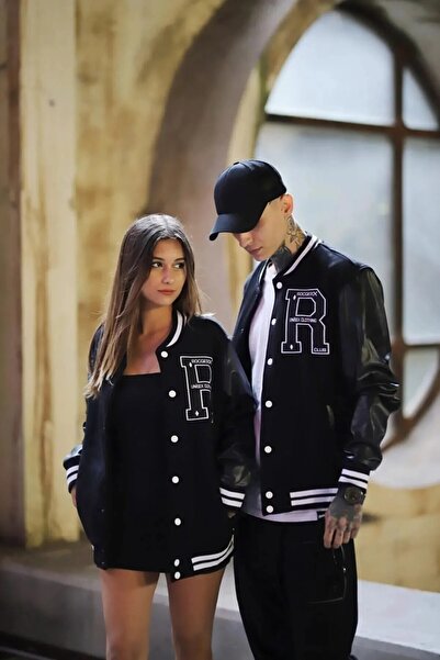 tynemode Jachetă neagră oversize pentru colegiu - R Brodat