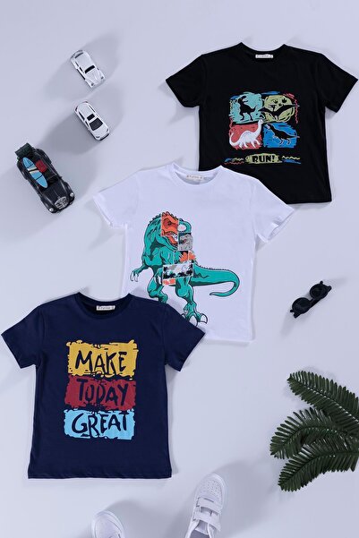 for you kids Σετ μπλουζών 3 τεμαχίων με στάμπα Dinosaur Black Navy Blue White