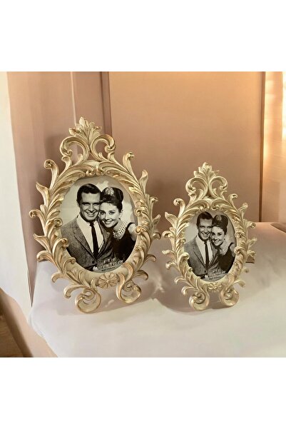 Gold home design Oval Fotoğraf Çerçevesi Set Krem Renk