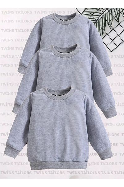 twins tailors Унисекс суитшърт за училище с кръгло деколте, сив, без принт, от полар отвътре, 3 бр.