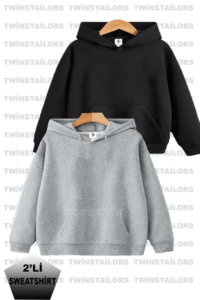 twins tailors Детски ученически суичър с качулка и качулка от 2 бр. Унисекс с полар отвътре