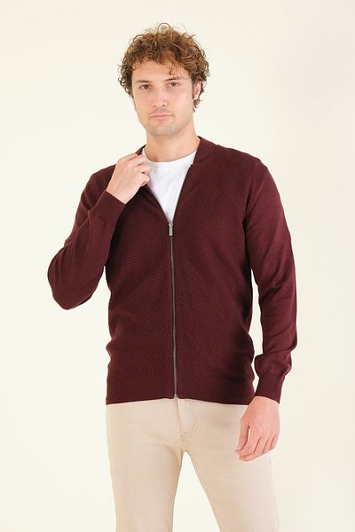 Giyim Dünyası Ανδρική ζακέτα Claret Red - Judge Collar, Honeycomb Knit, Λεπτομέρεια με φερμουάρ