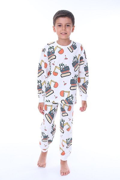 bunny hopp Boy's Pajama Set - 100% Cotton, Patterned, Long Sleeve, Work Machinery Scoop (3-8 Years)