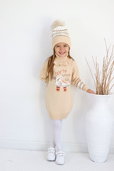 Sevimli Girl's Knitwear Sweater with Beret and Neck Collar - Set of 3