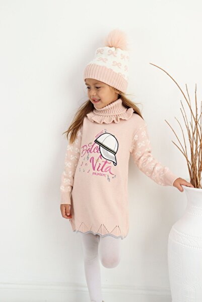 Sevimli Kız Çocuk Kazak Bere Ve Boyunluklu Triko Elbise 3'lü Takım