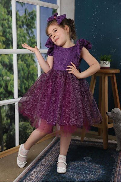 konfix Kız Çocuk Simli Abiye Elbise 1-9 Yaş Mor