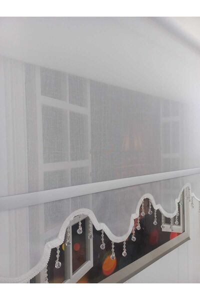 BULUT ÇİFT MEKANİZMALI BONCUKLU ÖZEL KESİM OPTİK BEYAZ TÜL,SİMLİ MAT STOR (%85 GÜNEŞİ KESER)