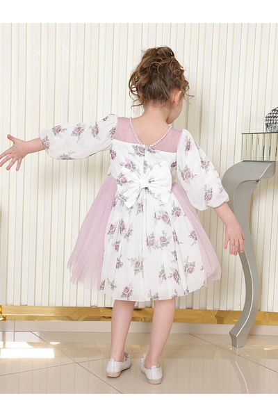 TREEMASS Girl's dress, Tulle printed with flowers and Pearls