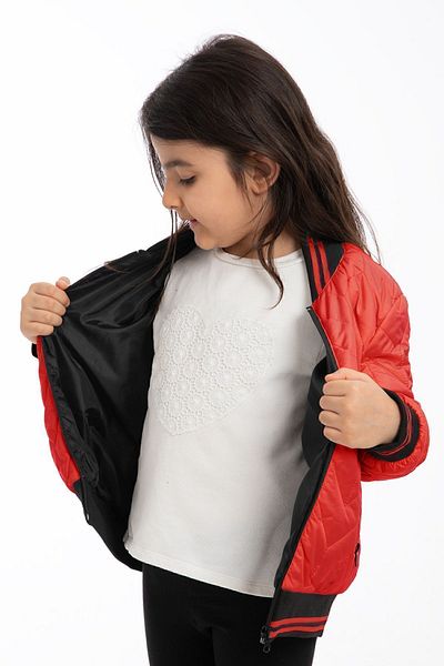 Montup Girl's Red Water and Windproof Zippered Pocket Jacket - College Collar and Lined