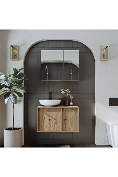 ROOMART Lavabolu Mat Mdf 75 Cm Çekmeceli Banyo Dolabı + Aynalı Üst Dolabı