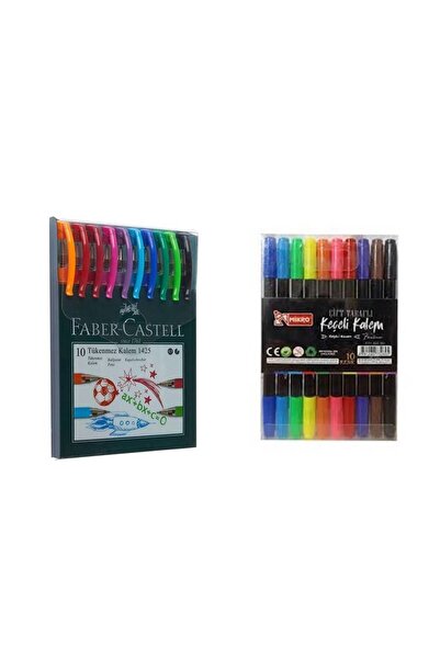 Faber Castell 1425 Tükenmez Kalem Ailesi 10 lu + 10 Lu Çift Uçlu Fineliner Ke...