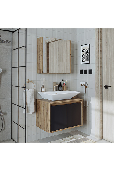 ROOMART Tm7.2 Lavabolu Ahşap-antrasit Mdf 65 Cm Banyo Dolabı + Aynalı Banyo Üst Dolabı