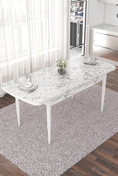 Canisa Nef Serisi 70x114 Açılabilir Mdf Beyaz Mermer Desen Masa Takımı Ve 6 Kiremit Sandalye