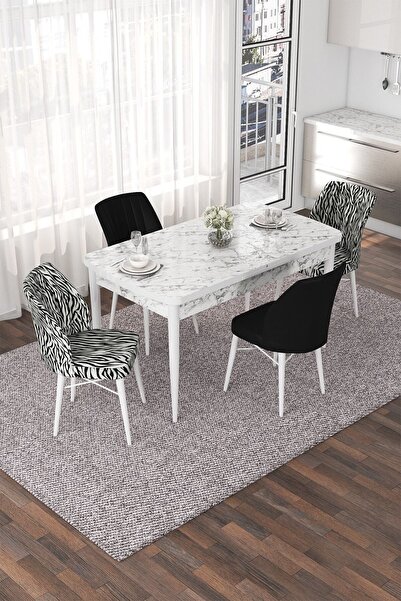 Canisa Nef Serisi 70x114 Açılabilir Mdf Beyaz Mermer Desen Masa Takımı 2 Zebr...