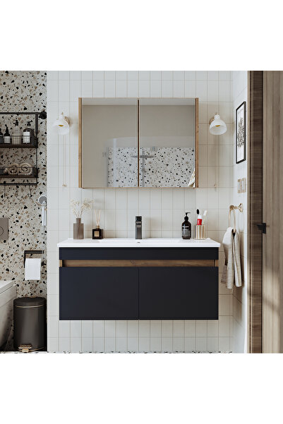 ROOMART '' Lavabolu '' Atlantik - Antrasit Mat Mdf 100 Cm Dolap Aynalı Üst Dolabı