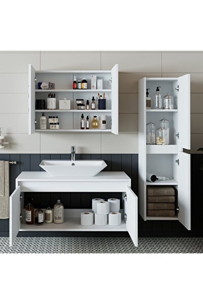 ROOMART Banos Banyo Lavabolu Mat Beyaz Mdf 100cm Banyo Dolabı+aynalı Banyo Üst Dolap+Banyo Boy Dolap