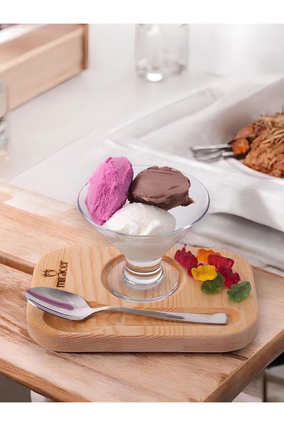 Miraçer Lav Creme Presentation Set - Dessert Spoon and Ice Cream Bowl with Wooden Stand