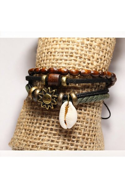 DEHNA Sun and Sea Shell Figured Wood and Metal Beaded Leather and Rope 4-Piece Adjustable Bracelet