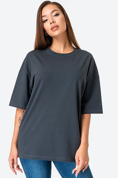 Happy Fox Tricou supradimensionat din bumbac gri pentru damă - decolteu în U, potrivire confortabilă