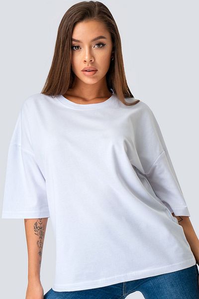 Happy Fox Basic White Γυναικείο T-Shirt - Βαμβακερό, Oversize, U-Neck