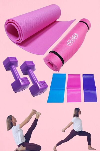 Tosima 7mm Pilates Minderi 3'lü Pilates Lastiği Ve 1 Kg Çiftli Dumbell Premium Egzersiz Seti