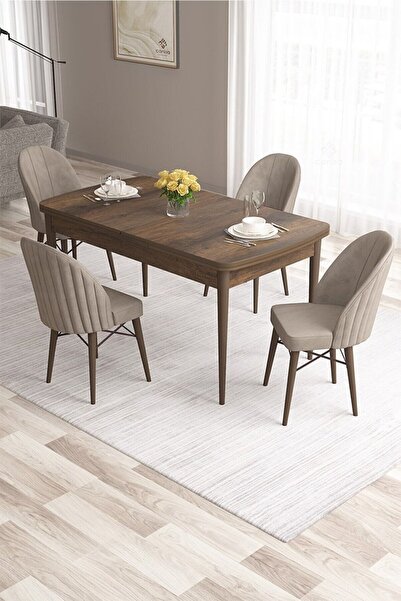 Canisa Ves Serisi 80x132 MDF Açılabilir Barok Ahşap Desen Mutfak Masası 4 Cap...