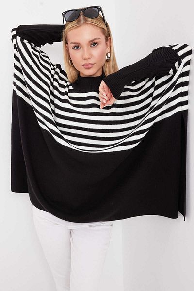 LE CARAMBOLE Pulover poncho supradimensionat cu dungi crem negru pentru damă