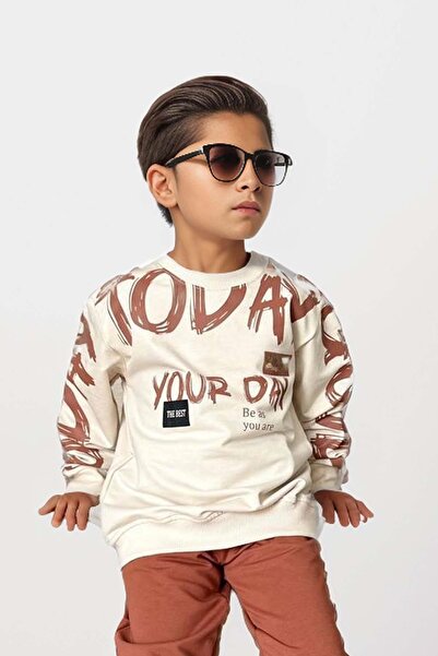 Riccotarz Boy's Brick Colored Your Day Printed Sweatshirt and Sweatpants Set