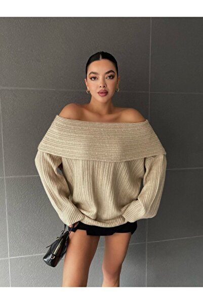 PİKAX Pulover de damă, bej, cu umăr deschis, tricotaj supradimensionat