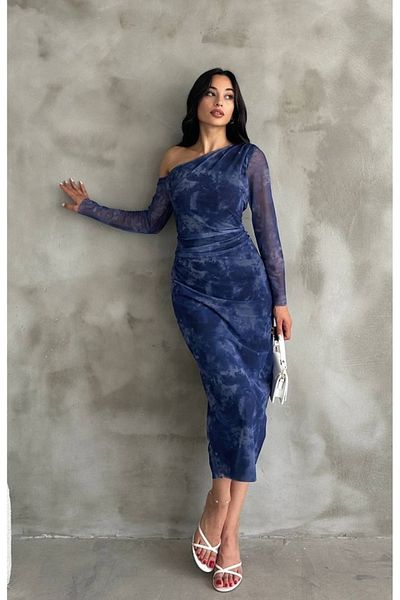 WoolnClyde Purple Polka Dot Detail - Tulle Sleeves and Lined Off-The-Shoulder Midi Women's Evening Dress