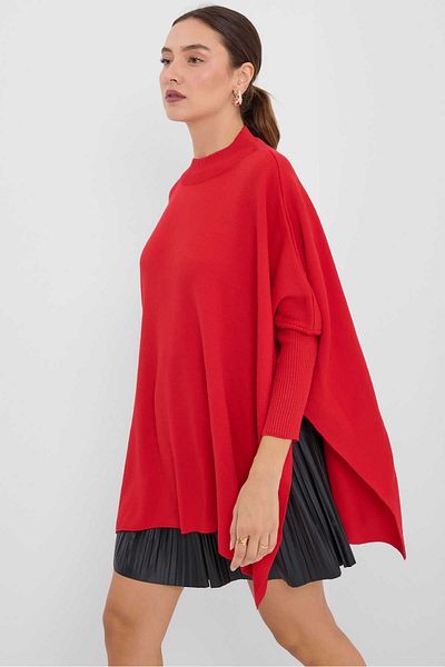 LE CARAMBOLE Red Oversize Slit Women's Poncho Sweater
