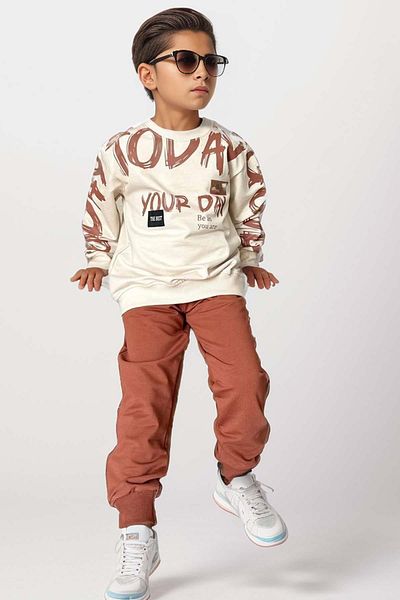 Riccotarz Boy's Brick Colored Your Day Printed Sweatshirt and Sweatpants Set