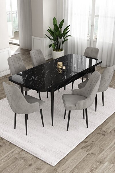 Canisa Ram Serisi 80x132 Açılabilir Mutfak Masası Takımı Siyah Mermer Desen Masa 6 Gri Sandalye
