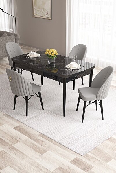 Canisa Roz Serisi 80x132 Mdf Açılabilir Siyah Mermer Desen Masası Takımı 4 Gr...