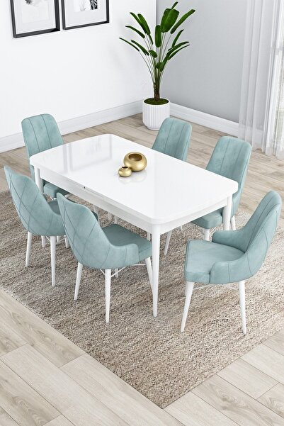 Canisa Kar Serisi 80x132 Açılabilir Mdf Beyaz Mutfak Masa Takımı 6 Su Yeşili ...