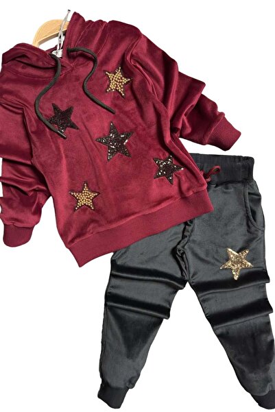 Riccotarz Sequin Star Patterned Velvet Sweatshirt and Burgundy Tracksuit Set for Girls