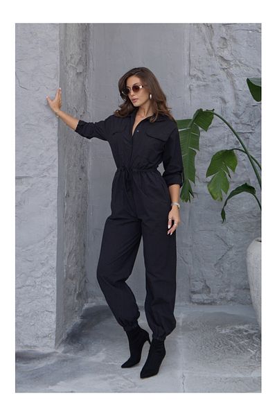 Elif Özbey Butik Salopetă neagră adunată în talie - cu picioare elastice